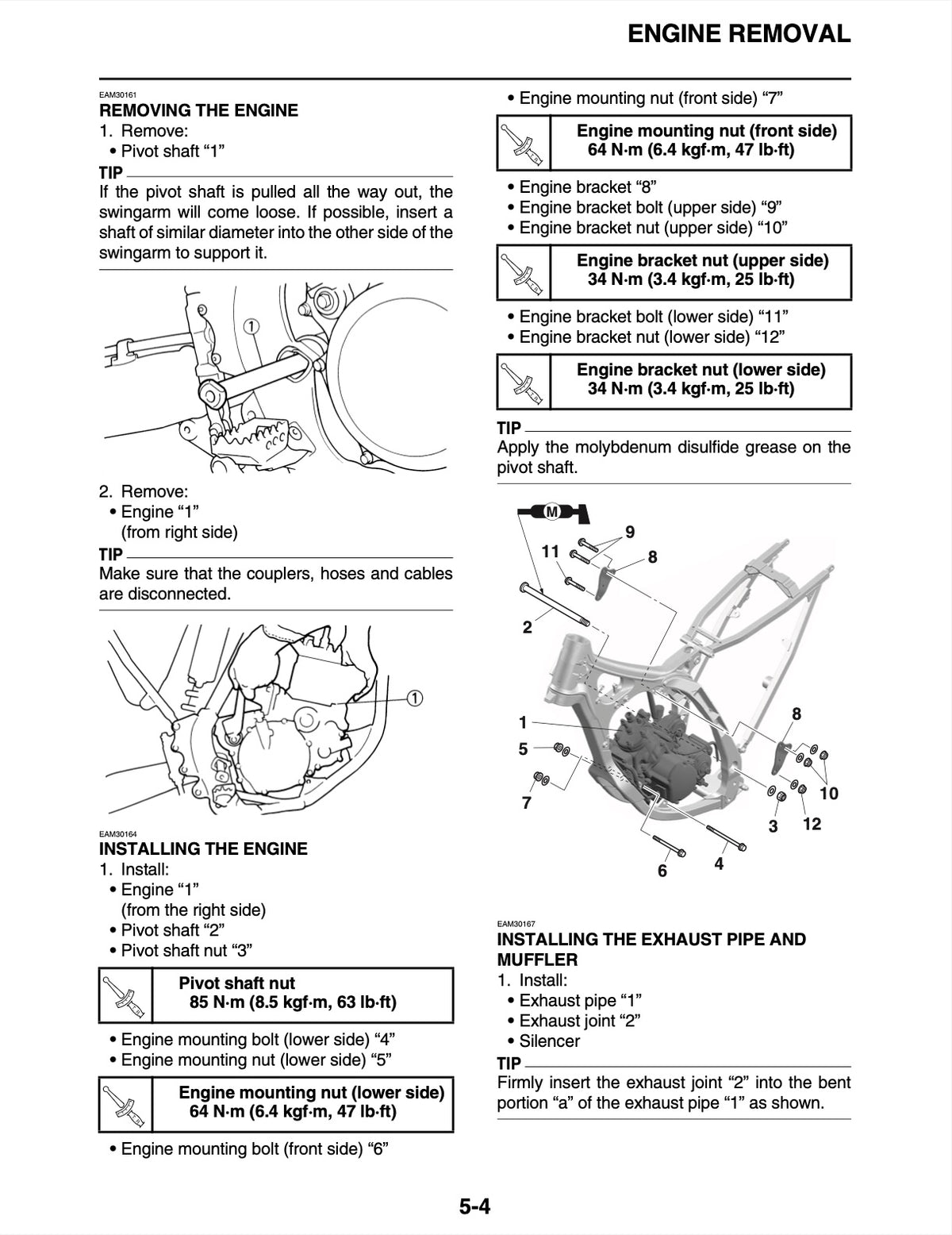 A black-and-white technical instruction sheet showing how to remove and install an engine, with labeled diagrams, numbered parts, and bullet-point notes on engine mounting nuts, brackets, and exhaust pipe installation.