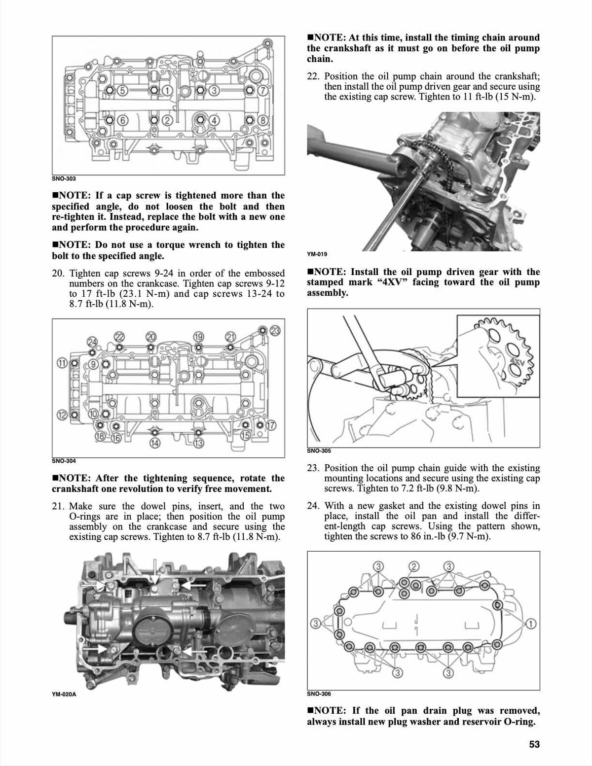 A technical service manual page showing oil pump installation and tightening procedures with labeled diagrams, arrows, and numbered steps on a white background.