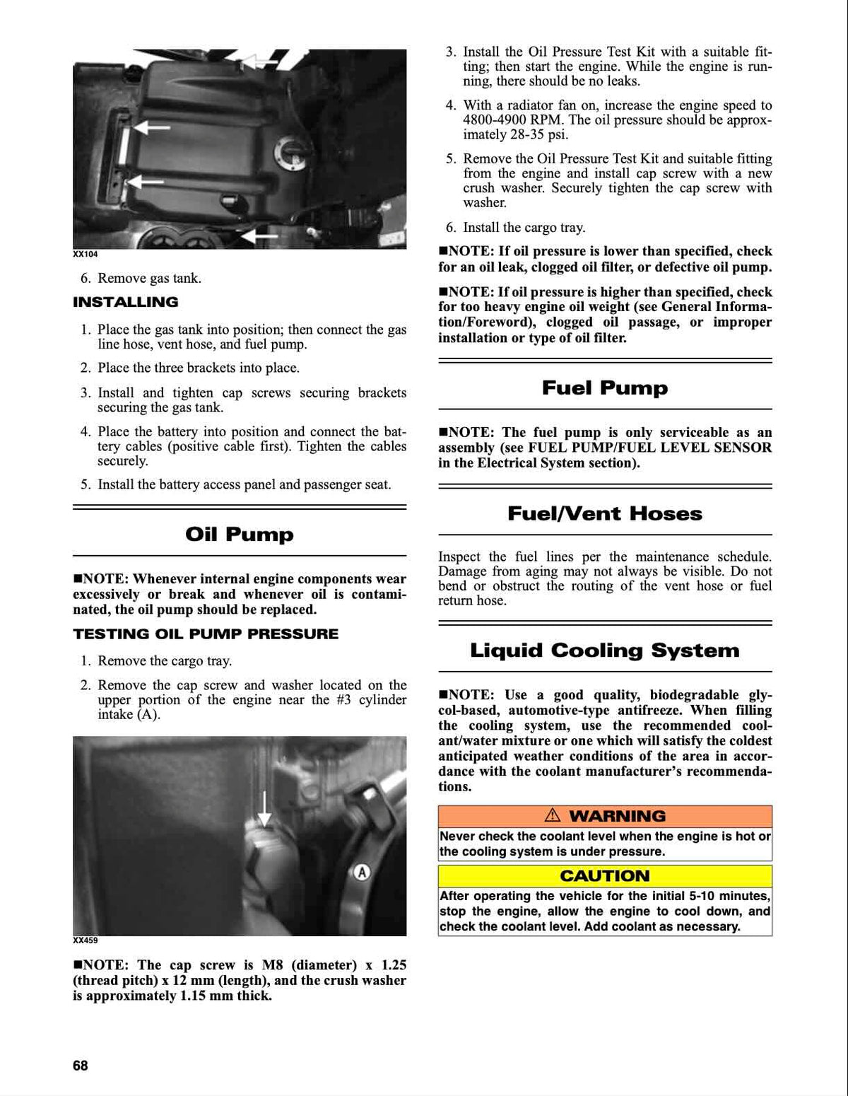 A printed service manual page with numbered and bulleted instructions for a motorcycle or small engine oil system, fuel system, and liquid cooling system, including photos of parts and cautions.