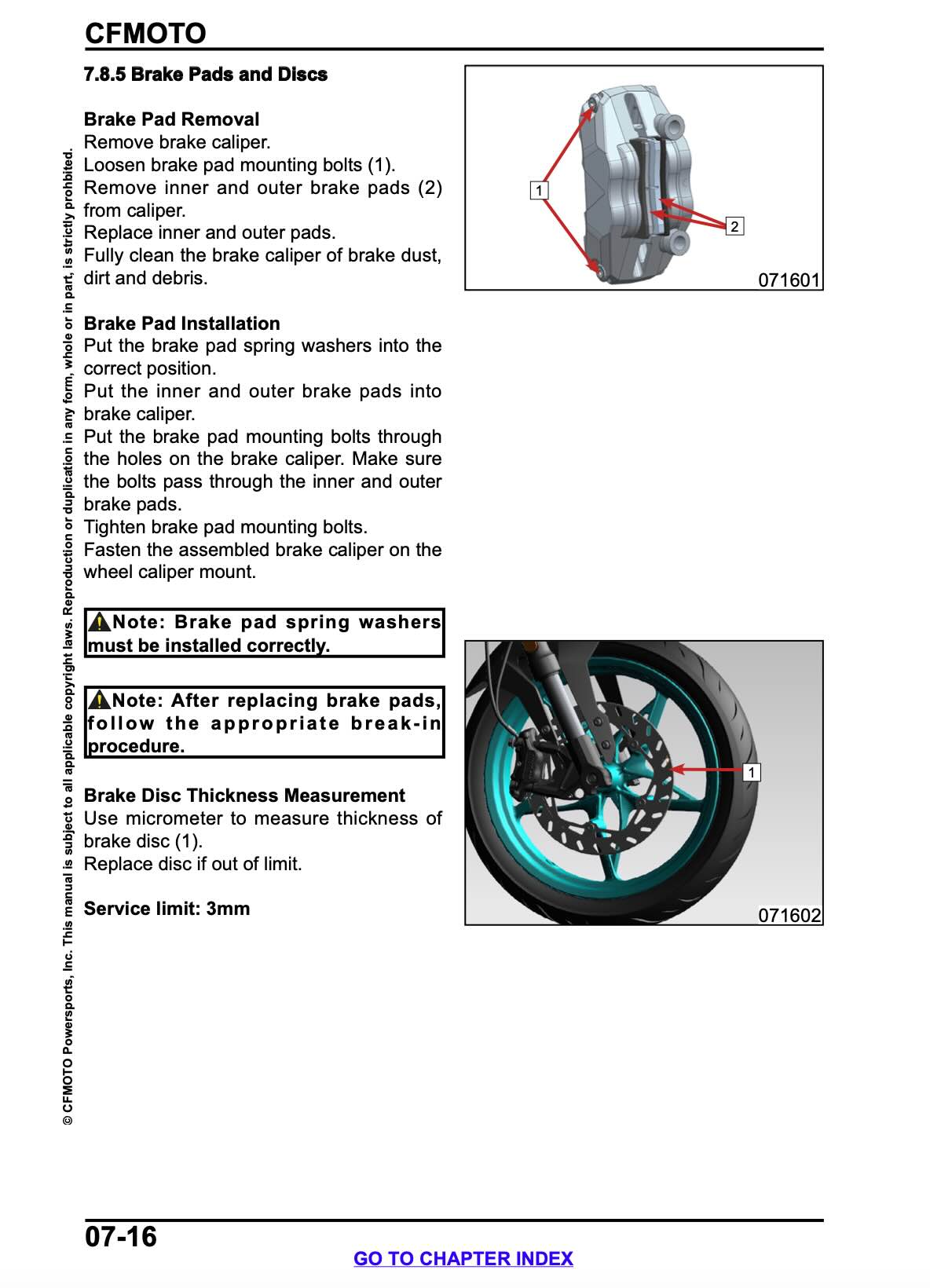 A page from a CFCMOTO service manual showing brake pad removal and installation instructions with labeled diagrams of brake pads and discs, plus a small inset photo of installed brake pads.