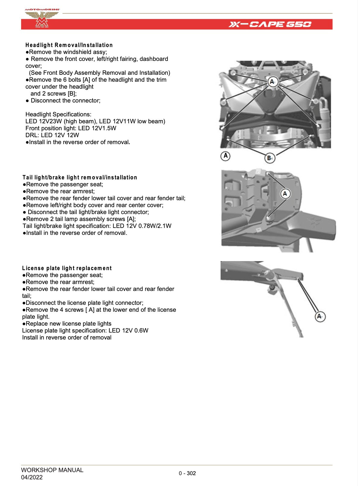 A page from an X-CAPE 650 workshop manual showing headlight and tail light brake light removal and replacement procedures with labeled diagrams and bullet points on a white background.