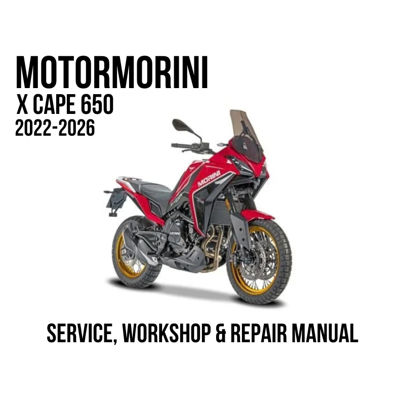 A red and black Motomorini X-Cape 650 motorcycle is shown on a white background with text reading 'MOTOMORINI X CAPE 650 2022-2026' and 'SERVICE, WORKSHOP & REPAIR MANUAL'.