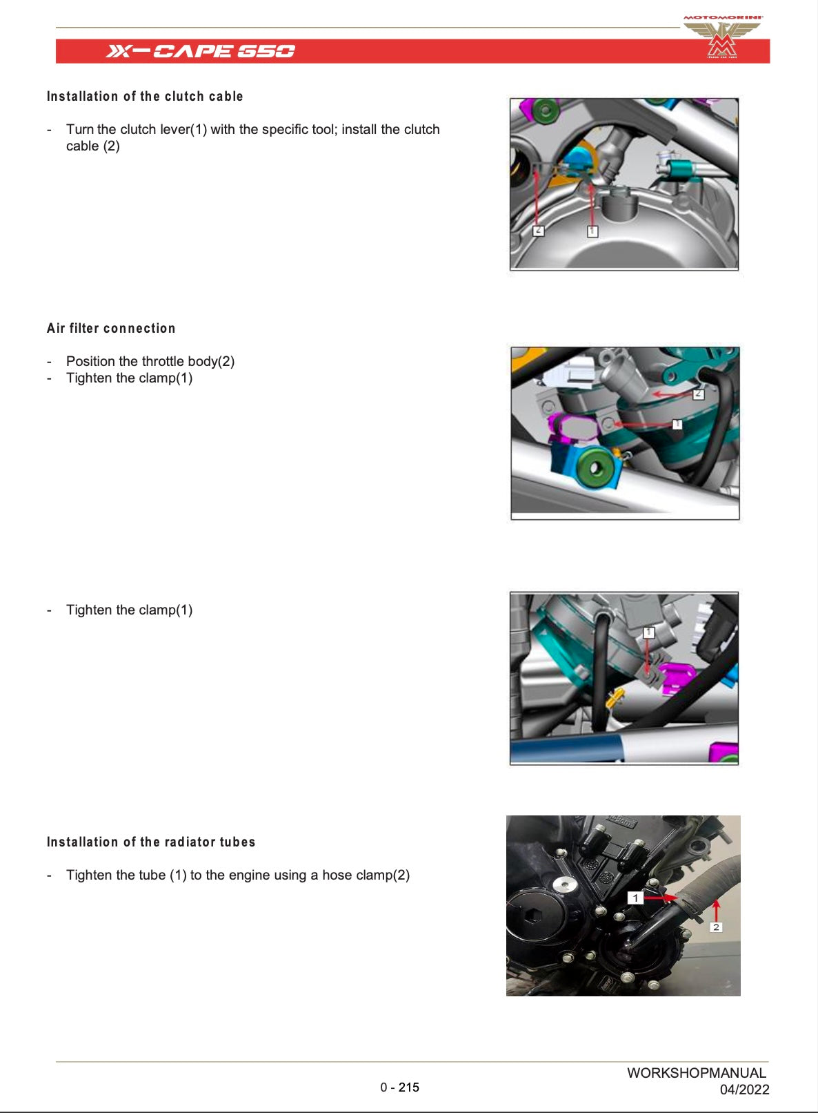 A page from an XK-Cape 550 workshop manual showing instructions and photos for installing the clutch cable, air filter connection, and radiator tubes, with labeled technical diagrams and small photos of automotive components.