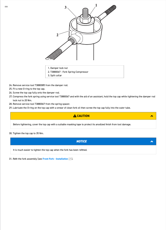 A technical instruction sheet showing a diagram of a cylindrical mechanical component with numbered callouts and a list of steps, including a yellow caution box and a blue notice banner.