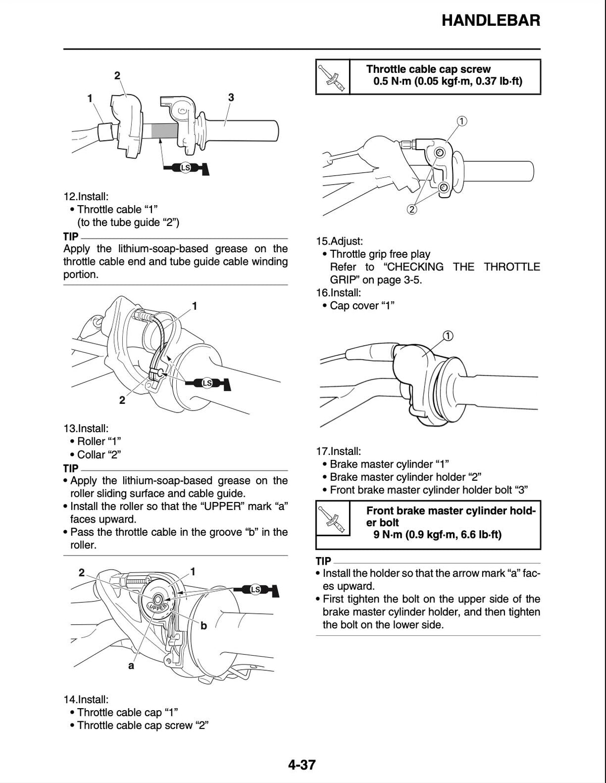 Yamaha YZ250 service manual page 4-37 with handlebar throttle cable installation, tube guide routing with lithium grease application, brake master cylinder assembly with holder bolt torque specifications