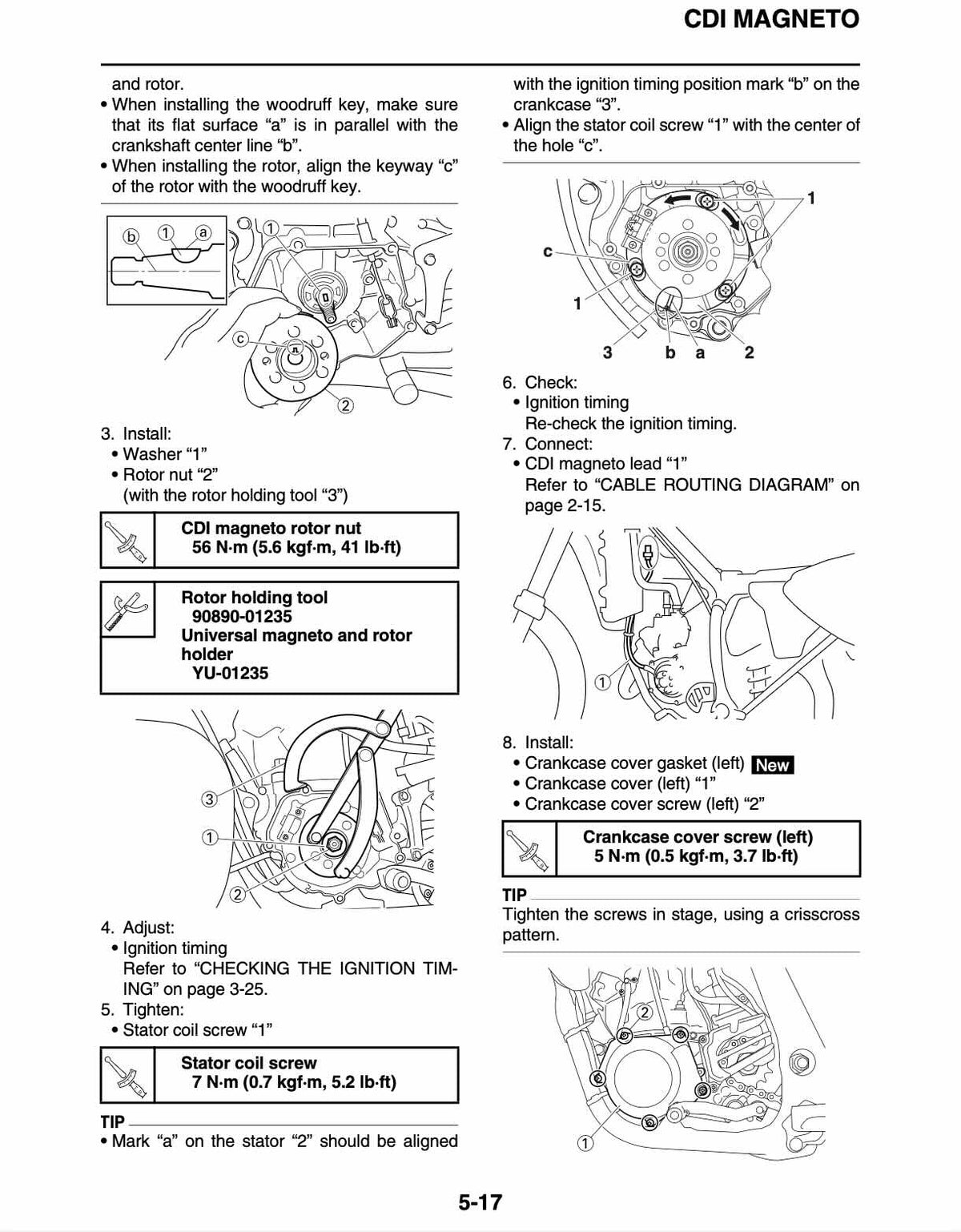 Yamaha YZ250 service manual page 5-17 with CDI magneto rotor installation, woodruff key alignment, stator coil positioning, crankcase cover gasket, and ignition timing procedures with torque specs