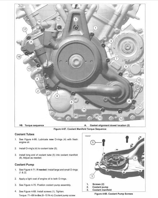 A technical diagram page showing an engine with numbered callouts, including a coolant tube sequence diagram, coolant pump sequence, and coolant pump screws diagram with brief instructions.