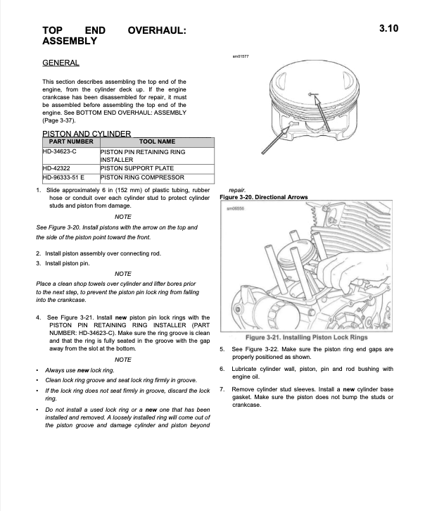 A printed repair manual page titled 'TOP END OVERHAUL: ASSEMBLY' with text, part number tables, and small technical diagrams showing engine piston and ring installation steps.
