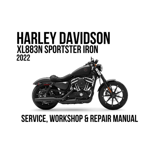 Harley-Davidson XL883N Sportster Iron 2022 service, workshop, and repair manual cover featuring a side profile of the black motorcycle on a white background with bold black text.
