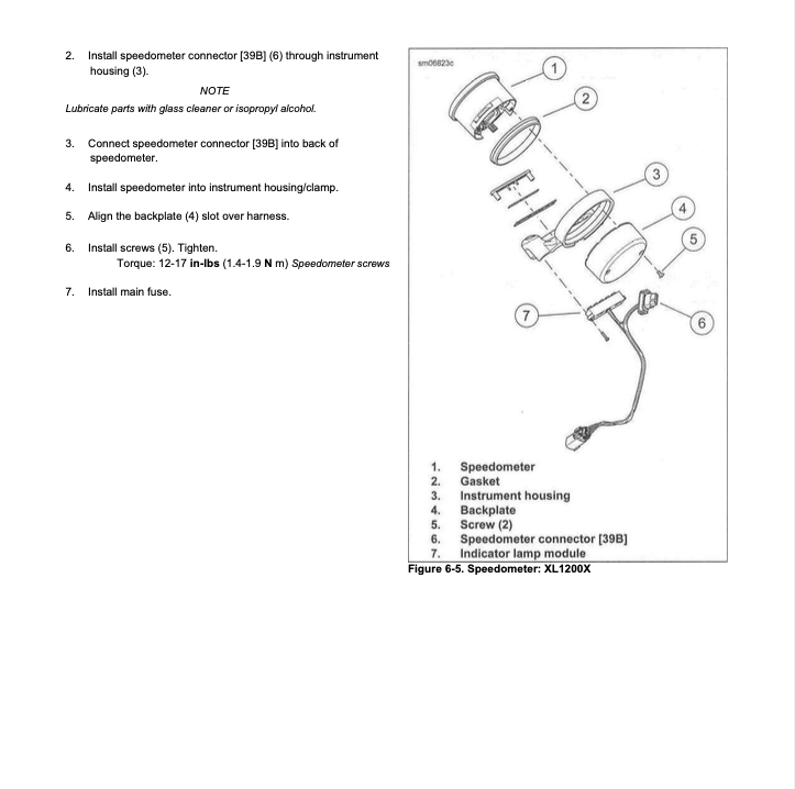 A black-and-white technical instruction sheet showing numbered assembly steps for a speedometer, with a line drawing labeled with parts 1 through 7 and a parts list at the bottom.