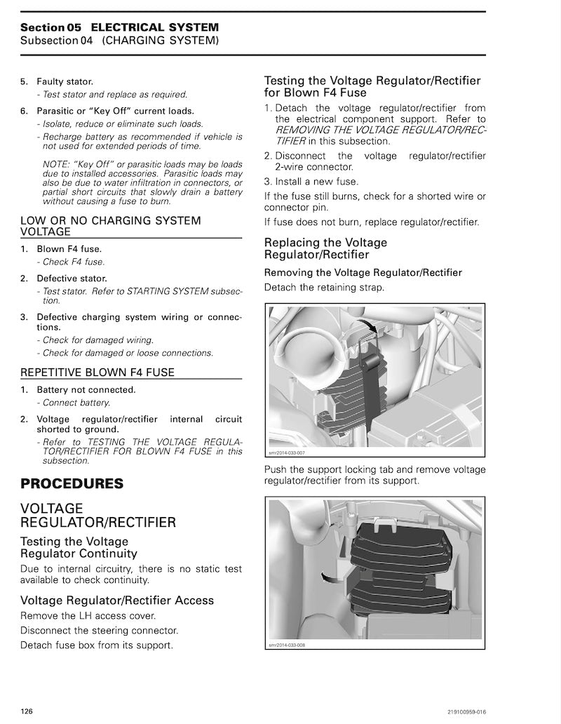 A technical service manual page showing the electrical system troubleshooting and procedure for a blown F4 fuse, with text instructions, warning labels, and two line drawings of a vehicle battery and fuse.