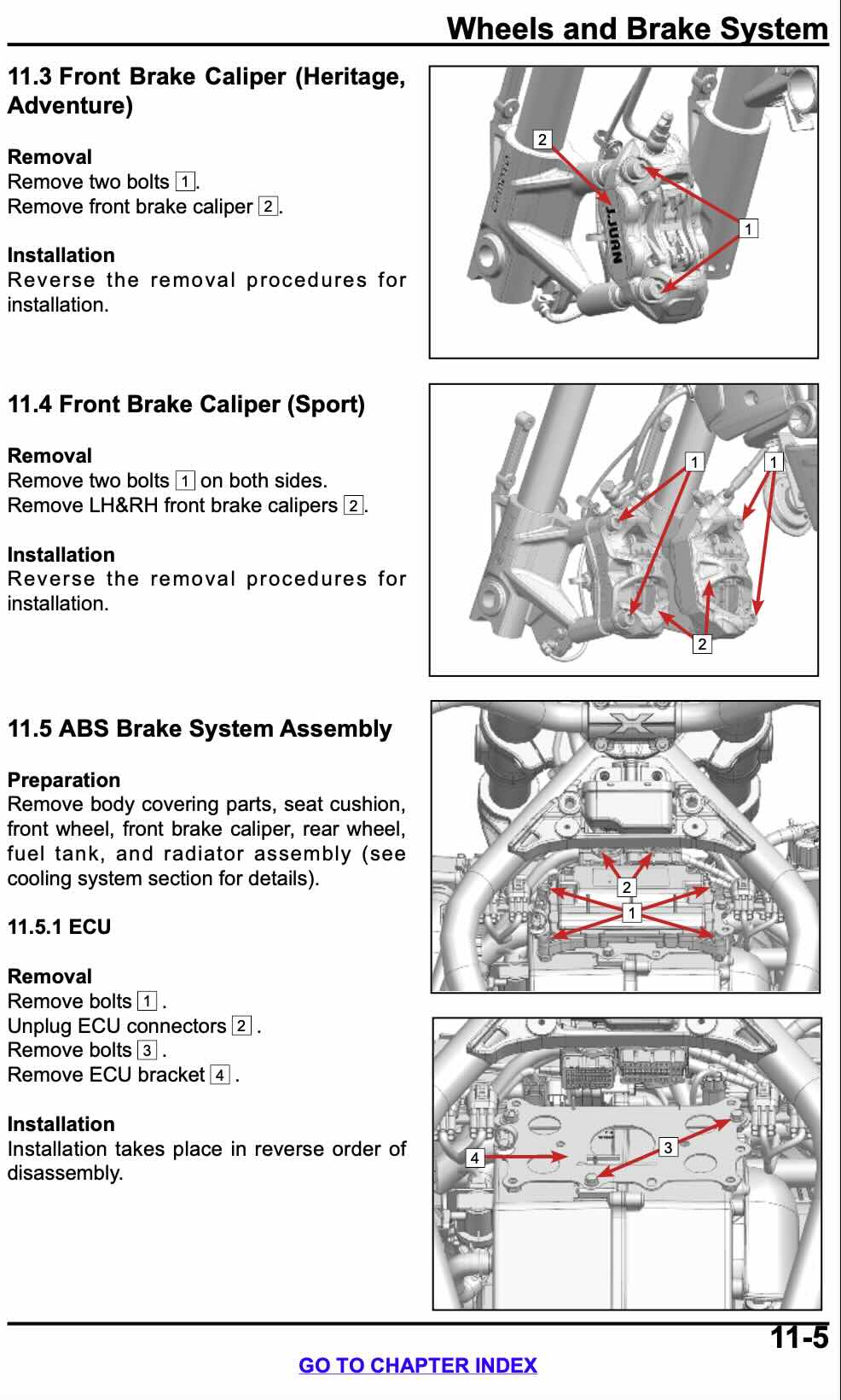 A black-and-white automotive service manual page titled 'Wheels and Brake System' showing four labeled brake caliper and ABS brake system assembly diagrams with arrows and numbered callouts.