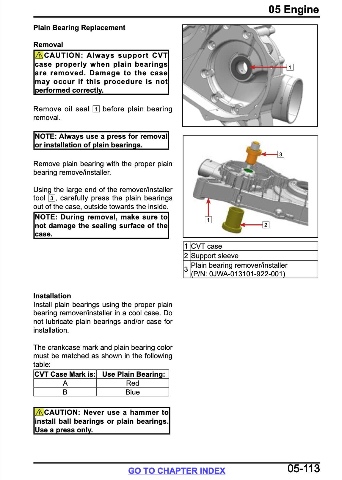 CFMOTO ZFORCE service manual page 05-113 with CVT case plain bearing replacement diagrams and color matching table