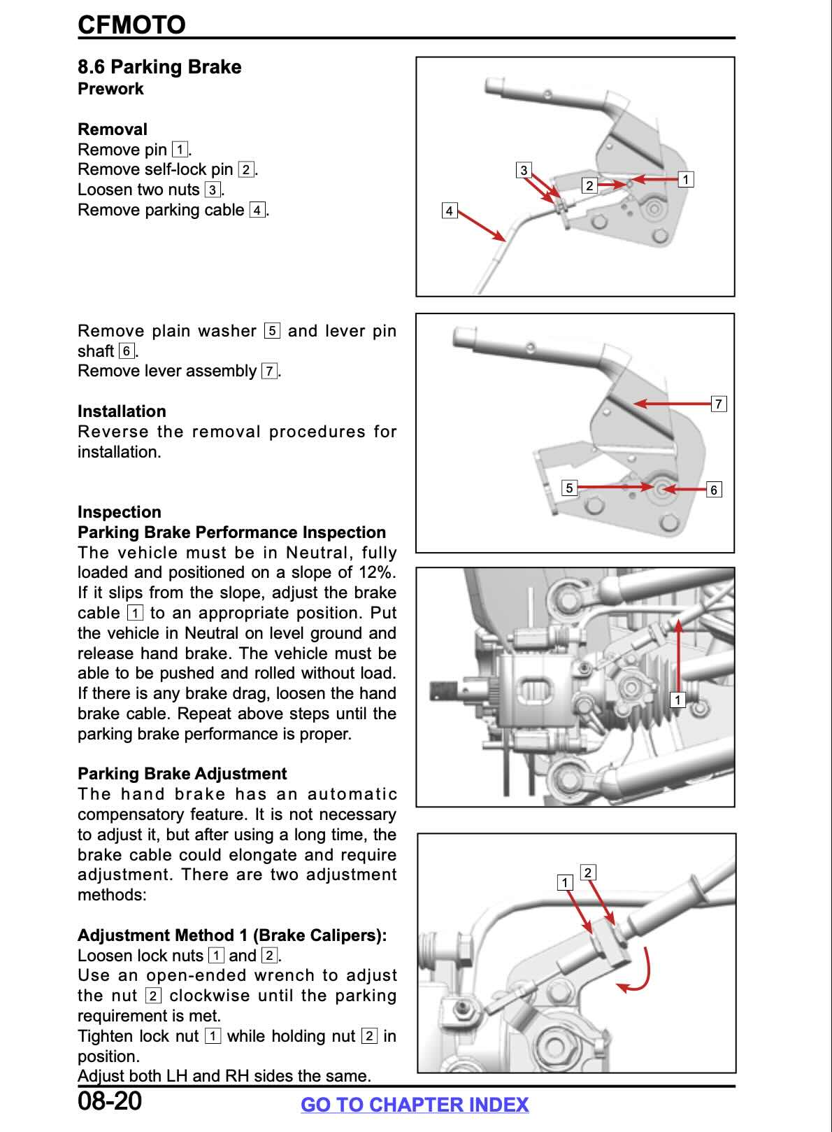 CFMOTO ZFORCE service manual page 08-20 with parking brake lever removal diagrams and cable adjustment steps