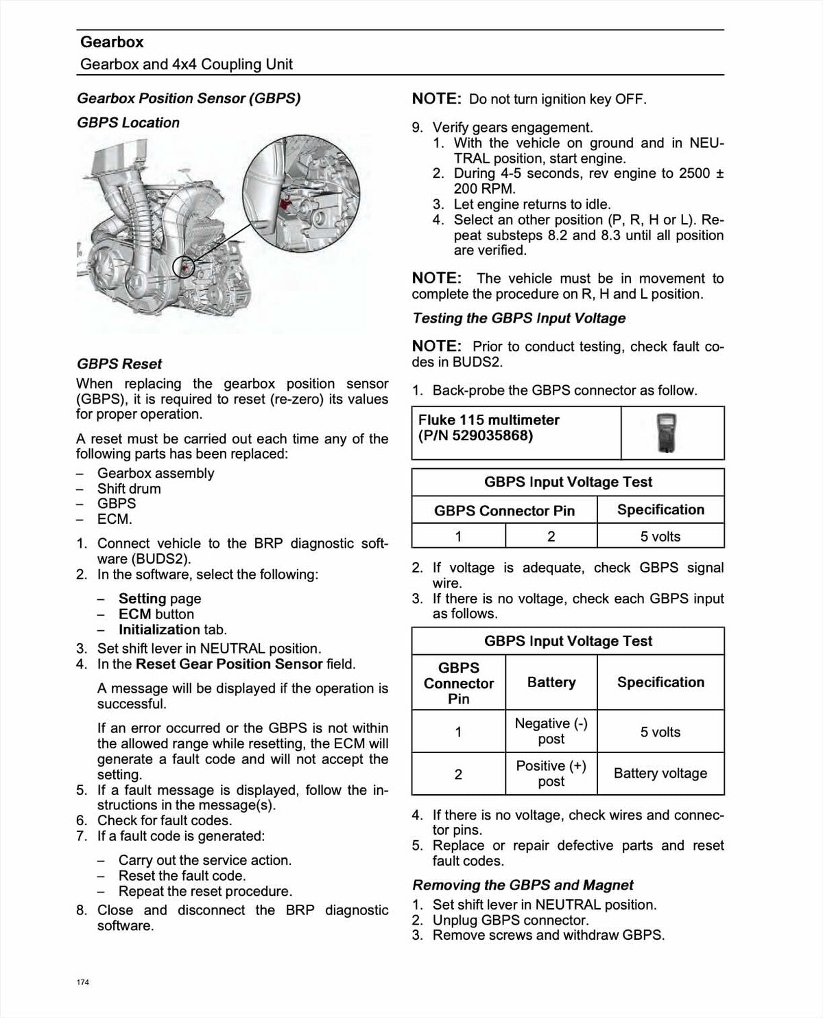 A printed technical service manual page for a Gearbox Gearbox and 4x4 Coupling Unit, showing a small diagram of the GPS sensor, location notes, and a table of specifications for the GPS connector and input voltage.