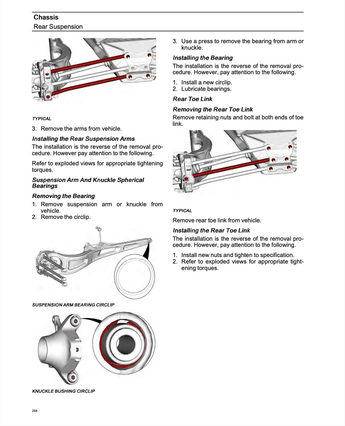 A printed technical service manual page for chassis rear suspension, showing labeled parts, removal steps, installation steps, and circular cross-section diagrams on a white page.
