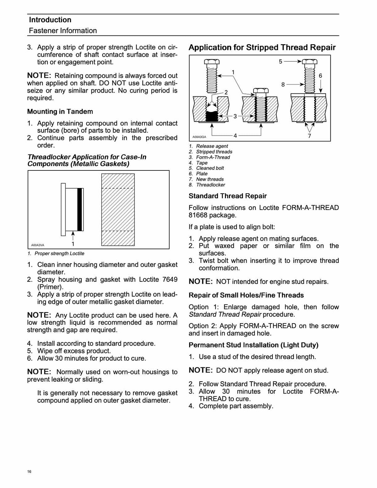 Can-Am Renegade service manual page 16 with fastener Loctite application diagrams for stripped thread repair