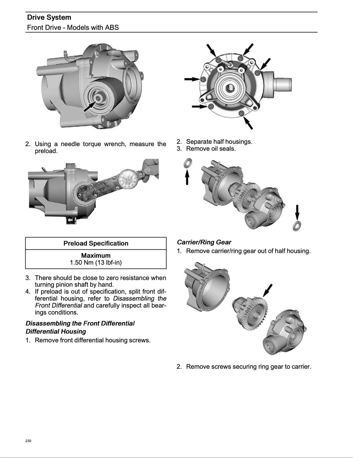 A technical service manual page for a drive system, showing front and rear disassembled views of a bearing housing with numbered instructions, a preload specification table, and arrows indicating parts.