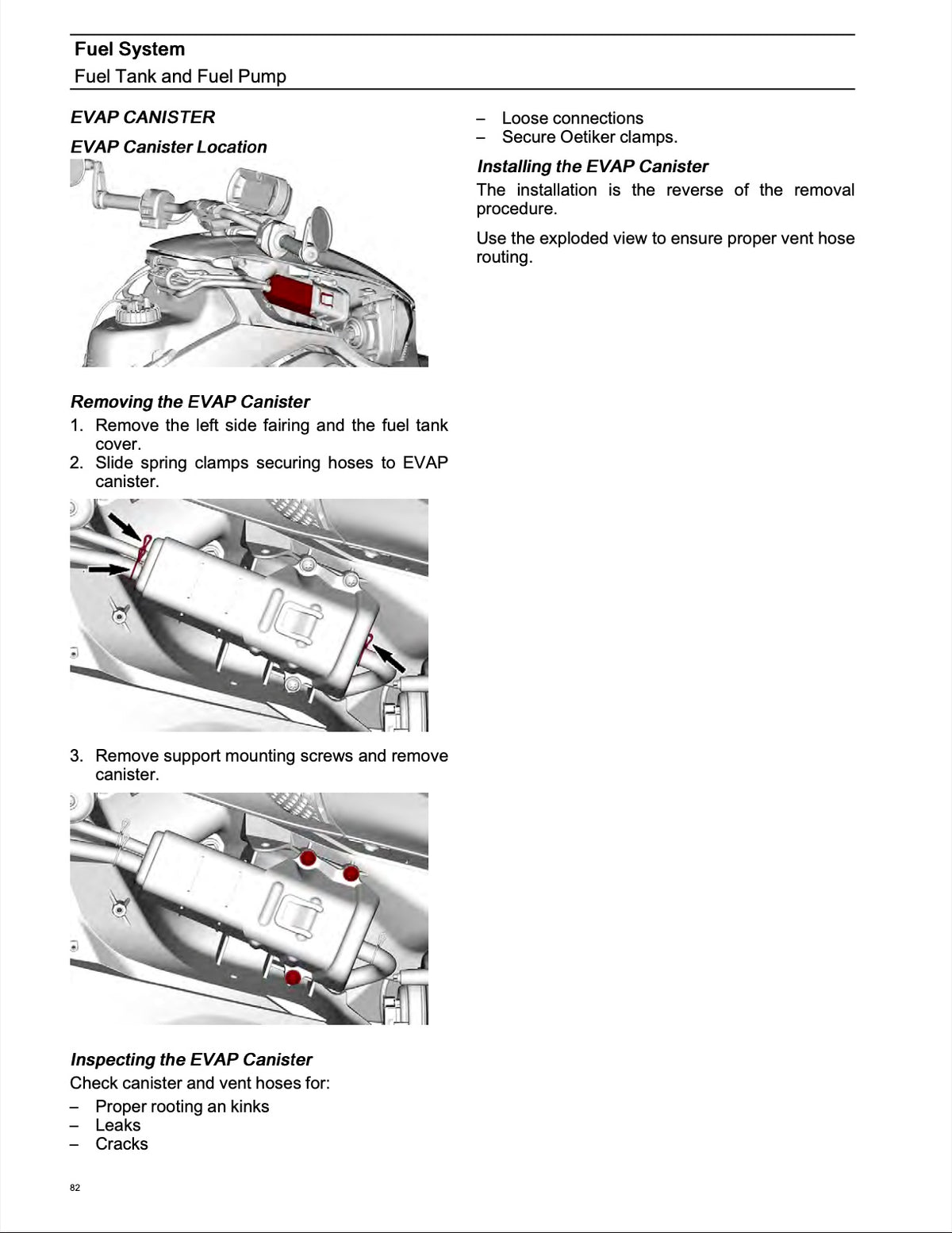 A printed manual page with text and diagrams showing how to locate and remove an EVAP canister, including labeled parts, step-by-step removal instructions, and inspection notes.