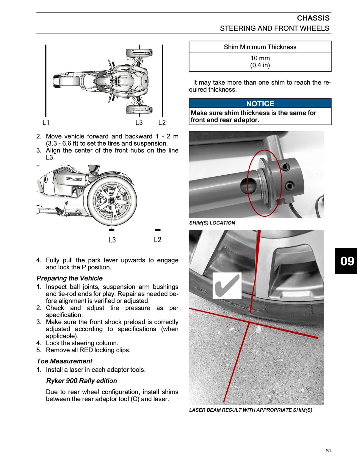 A printed technical sheet showing instructions and diagrams for chassis steering and front wheel shim thickness. The page includes labeled line drawings of the vehicle suspension and steering area, a notice box, a shim location table, and a laser beam result photo with measurement guidance.