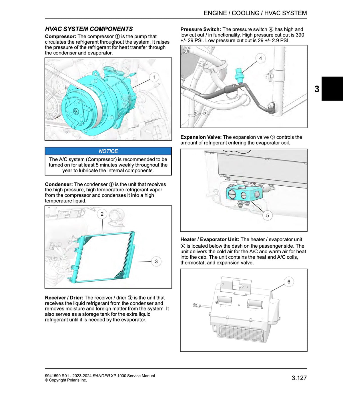 A printed technical service manual page for an HVAC system, showing labeled diagrams of components such as the compressor, expansion valve, and heater/evaporator unit, with notes and a small schematic pressure gauge.