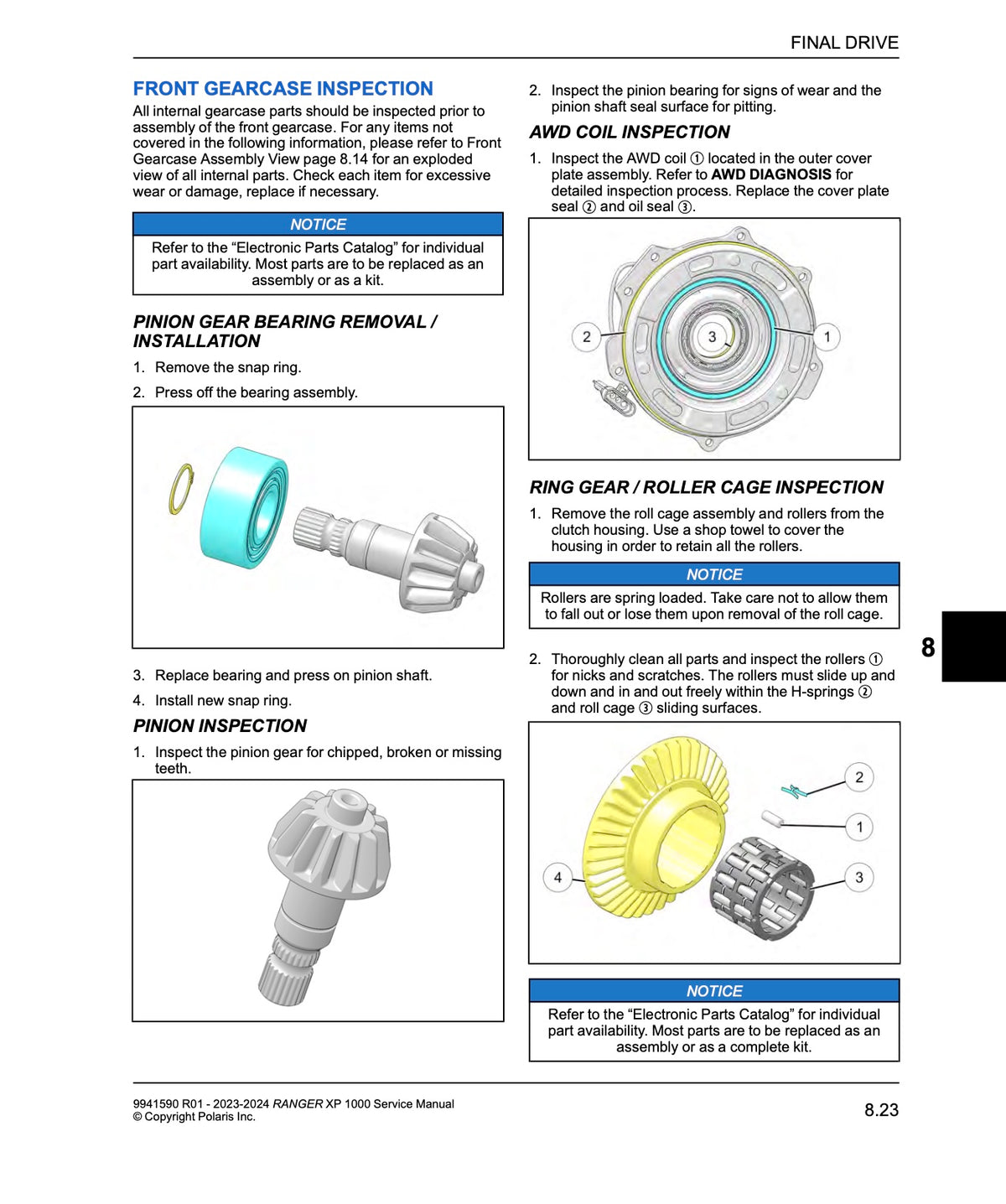 A technical service manual page showing front and final drive gear inspection diagrams with labeled parts, arrows, and step-by-step inspection instructions on a white background.