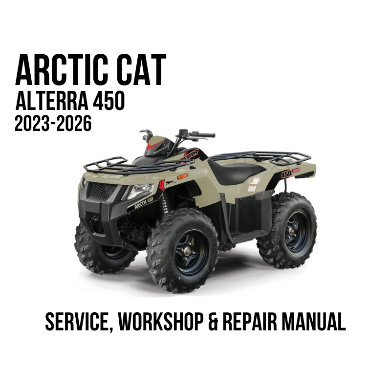 Arctic Cat Alterra 450 2023-2026 service, workshop, and repair manual cover featuring a side profile of the ATV on a white background with black text.
