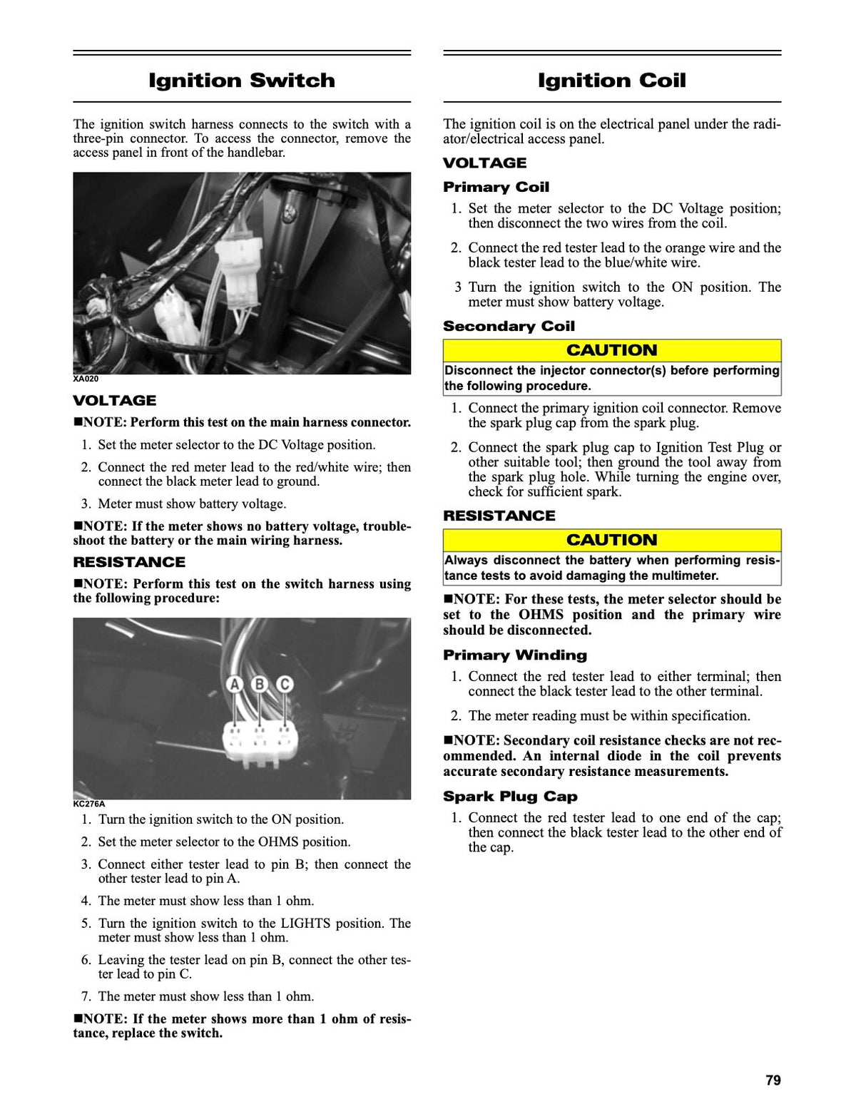 A printed instruction sheet showing how to operate an ignition switch, with labeled diagrams and text for voltage, resistance, primary winding, secondary winding, and spark plug cap connections.