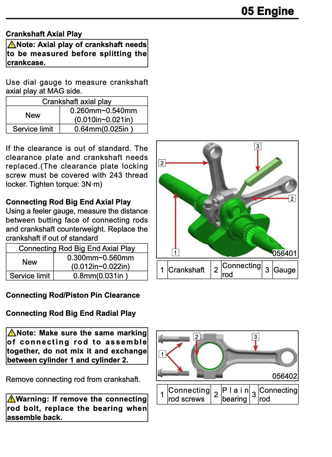 Technical service manual page for a Engine crankshaft axial play and connecting rod end axial/radial play measurements, with diagrams, tables, and torque specifications.