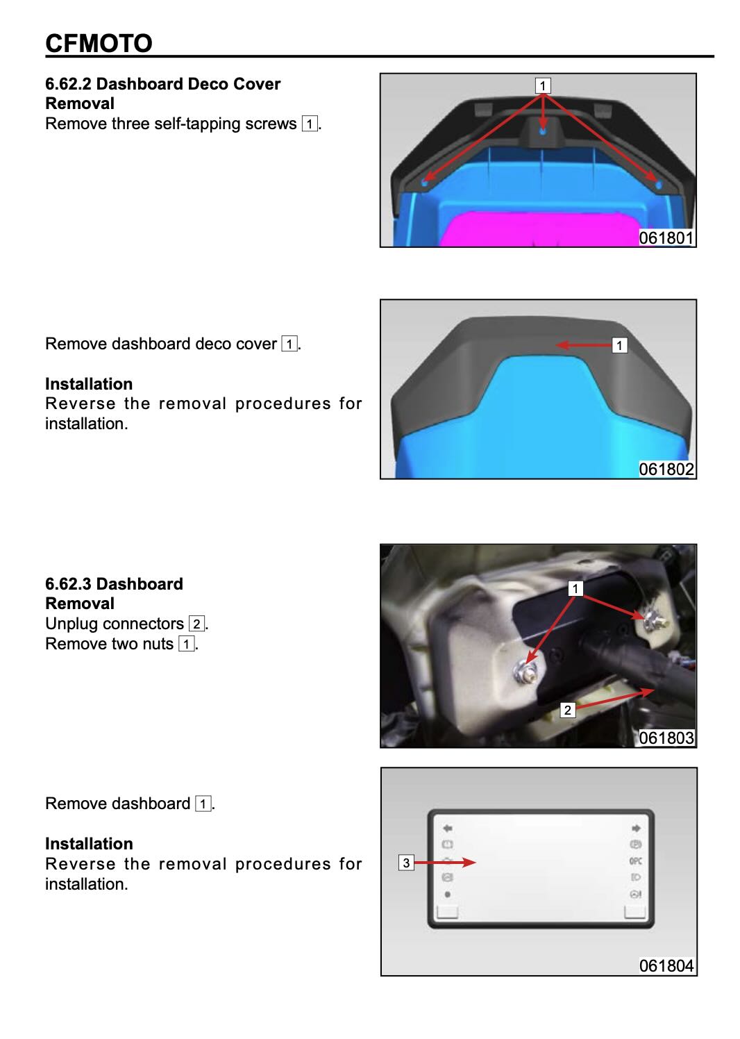 A technical instruction sheet for CFMOTO dashboards, showing removal and installation steps with labeled photos of the dashboard cover and interior panel.