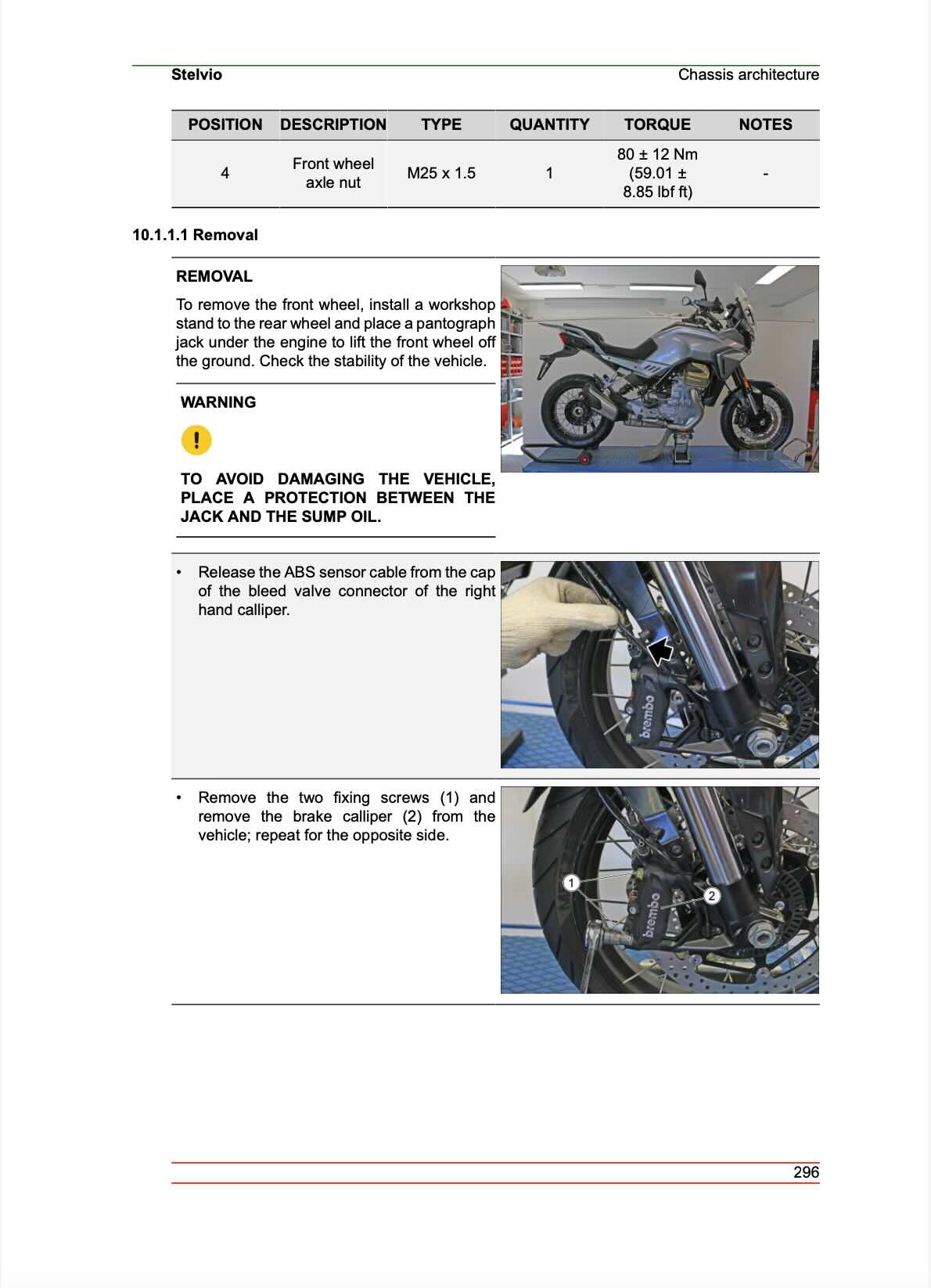 Moto Guzzi Stelvio service manual page 296 front wheel removal ABS sensor and brake caliper photos
