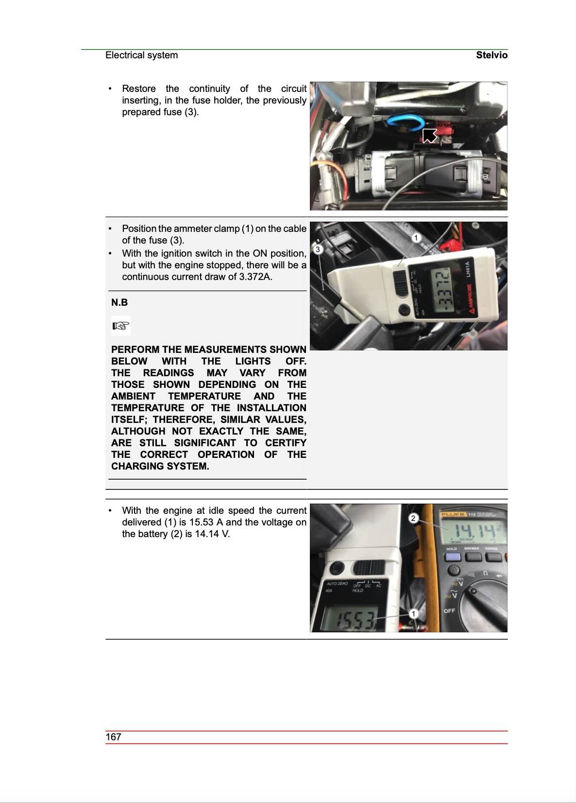 Moto Guzzi Stelvio service manual page 167 charging system current and voltage test photos