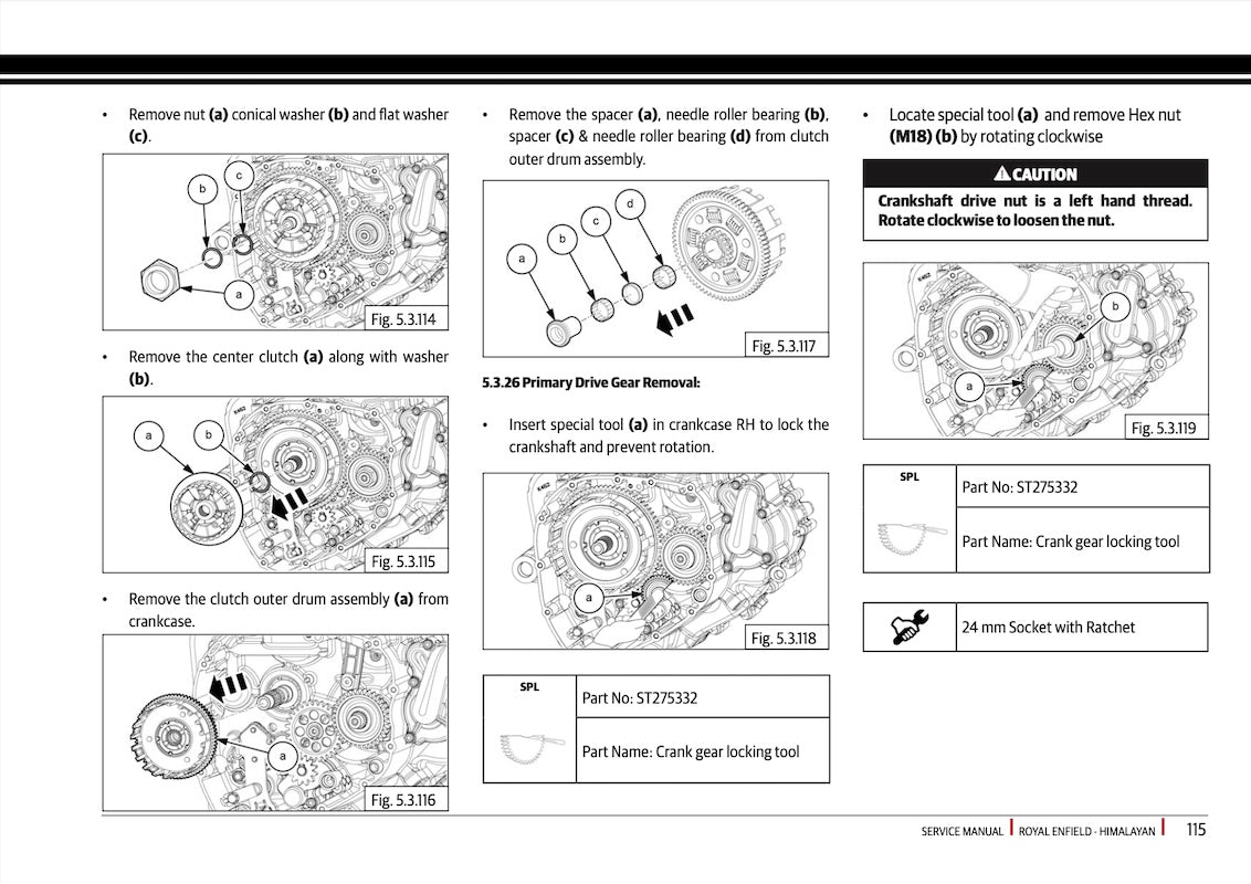 A technical service manual page showing engine disassembly and removal procedures with labeled diagrams, arrows, and part callouts for a crankshaft drive nut and clutch assembly. The page includes step-by-step instructions, part numbers, tool references, and small illustrations of engine components.