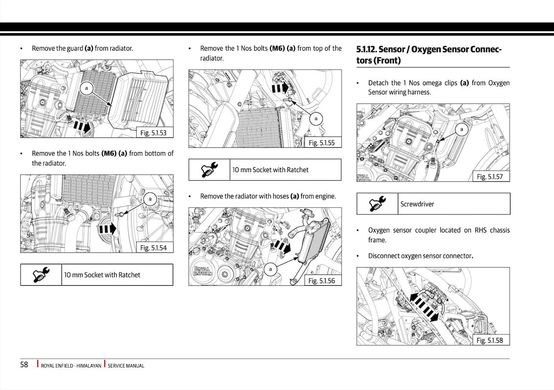 A printed service manual page with multiple black-and-white technical diagrams and bullet-point notes for removing radiators and oxygen sensor connectors, including part labels and small tool icons.