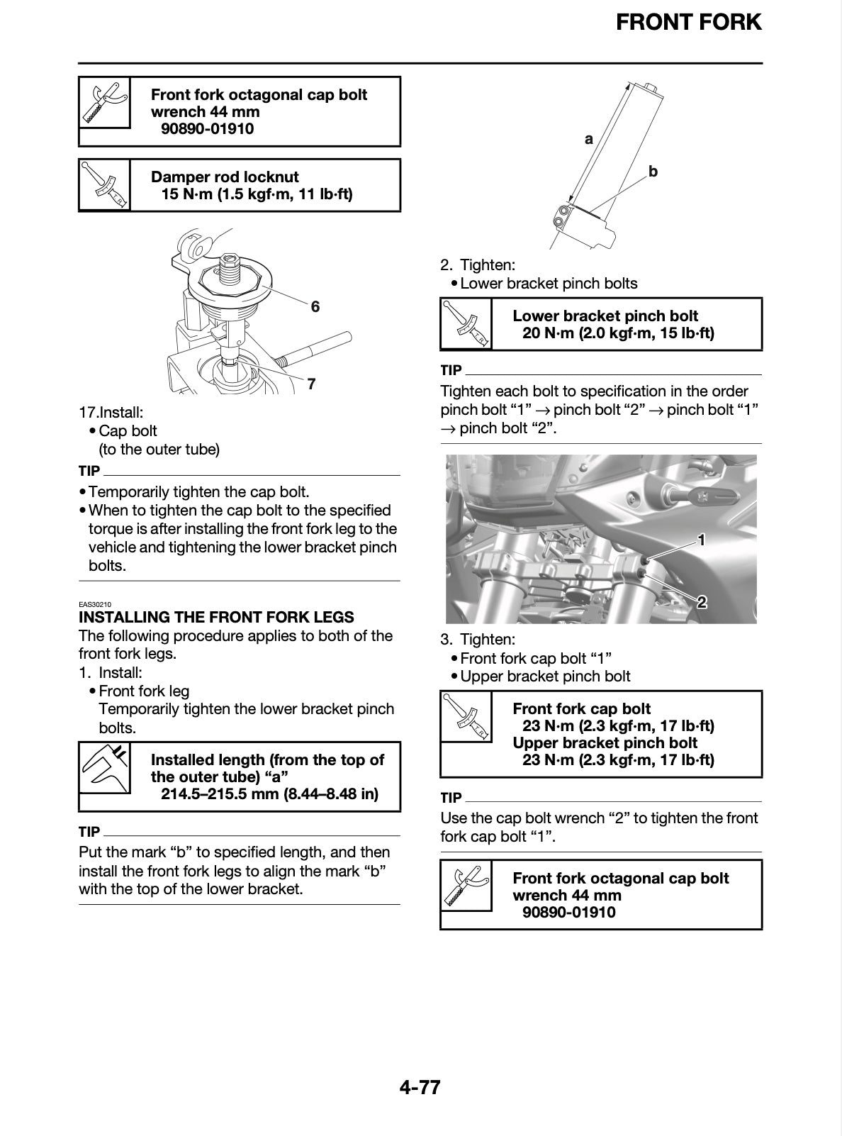 A black-and-white technical service manual page for a front fork, showing labeled bolt tightening steps, part callouts, and installation instructions with diagrams and wrench sizes.