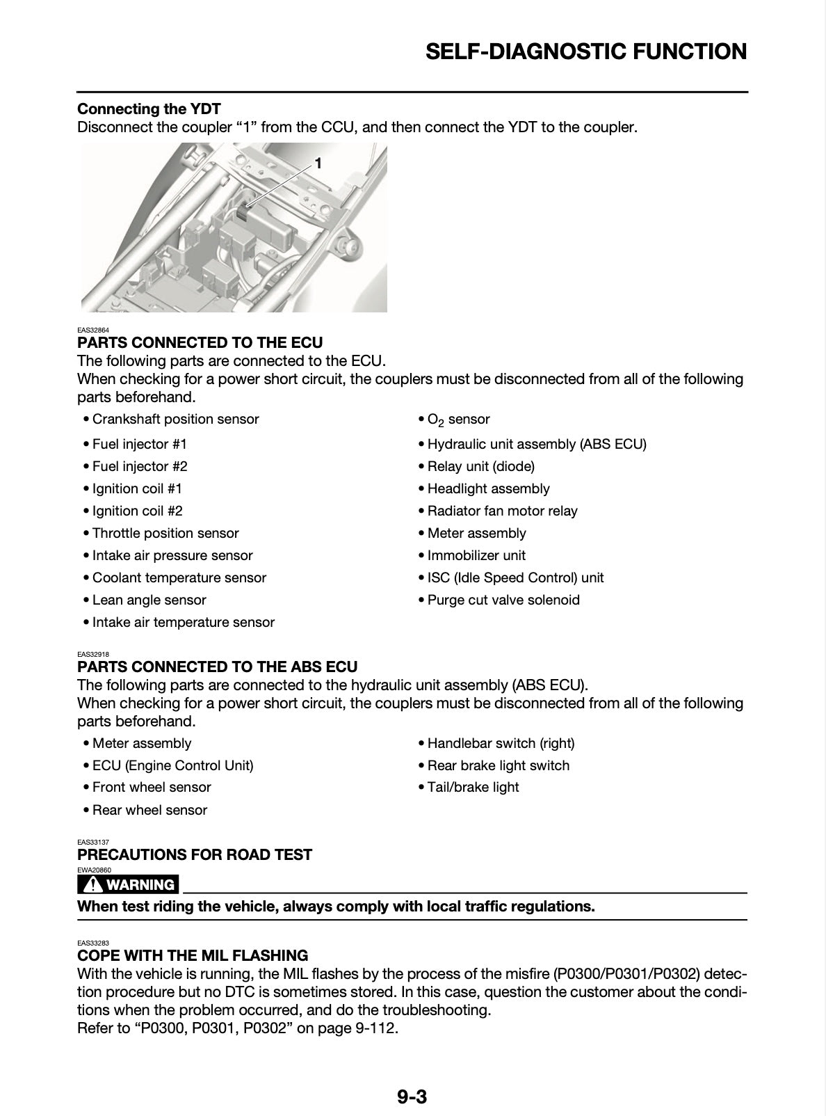A printed self-diagnostic function reference sheet with text, diagrams, and warning information for vehicle coupling and ECU connections, not a product beauty shot.