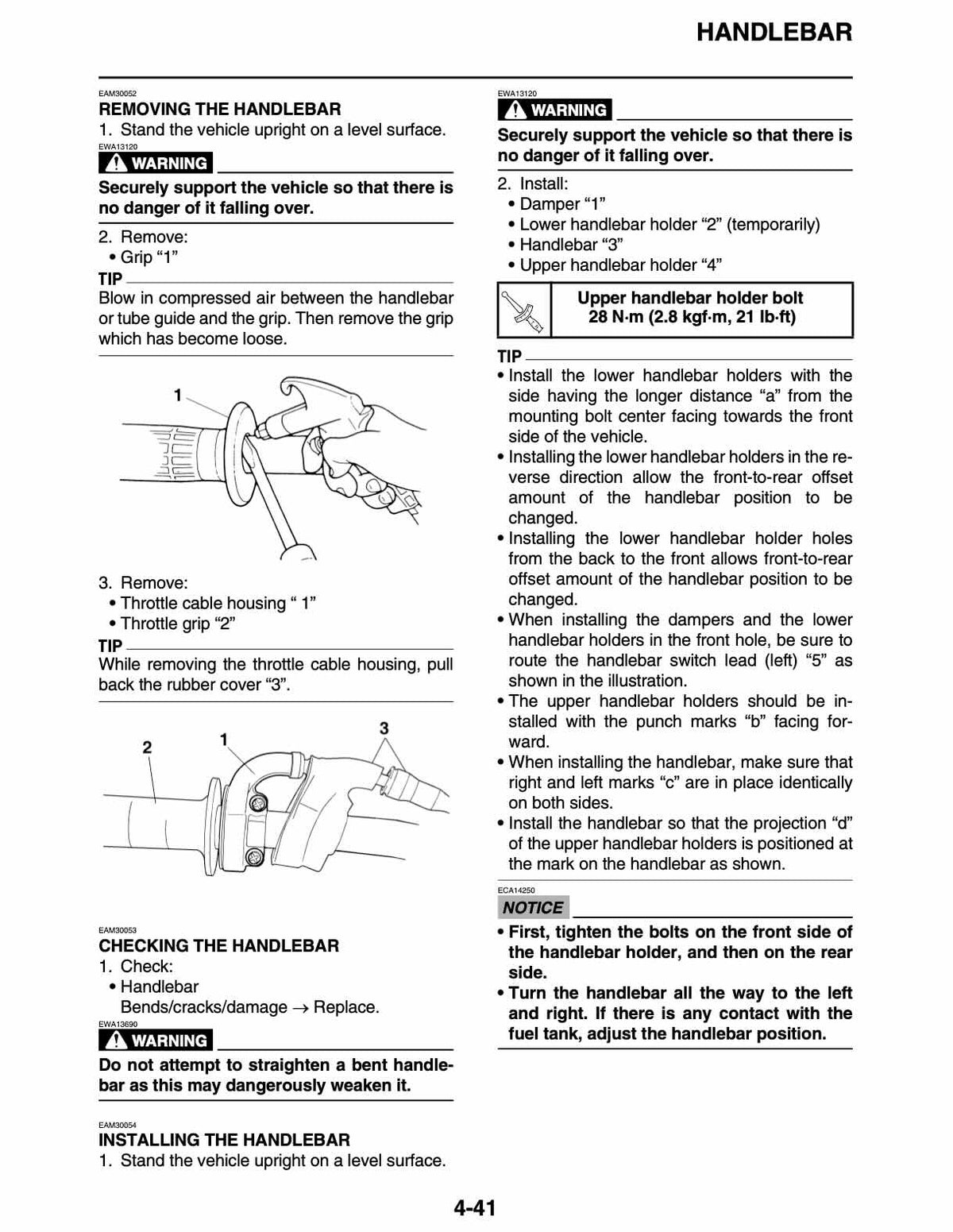 Instruction sheet for handling a bent handlebar, showing labeled diagrams and step-by-step installation/removal instructions with warning labels and part numbers.
