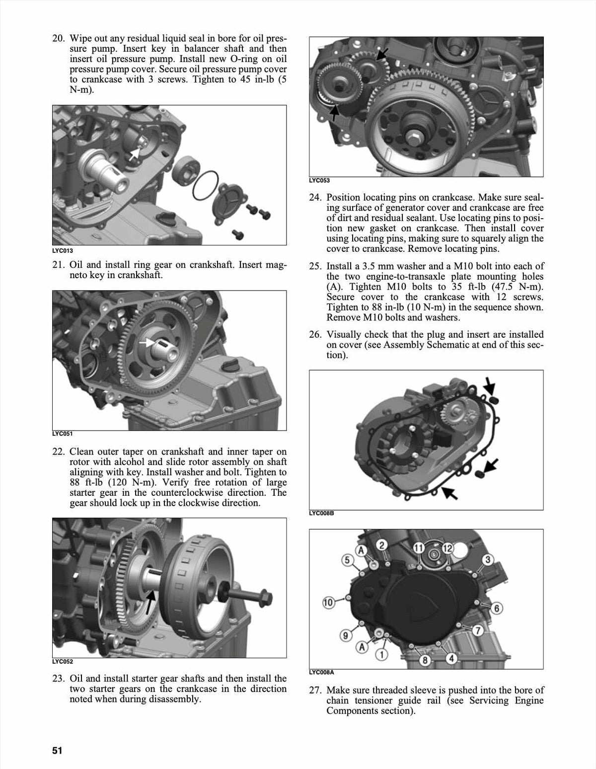 Technical manual page with step-by-step instructions and diagrams on engine assembly.