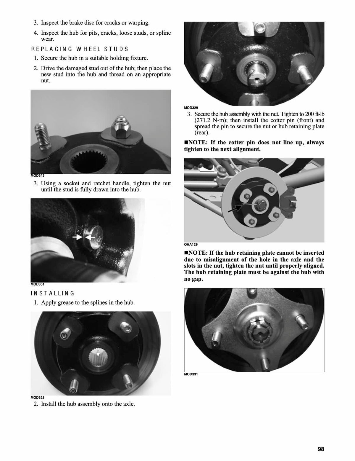 A printed page with numbered instructions and photos showing how to replace wheel studs and install a hub assembly. The page includes text steps, small photos of metal hardware, and notes, on a white background.