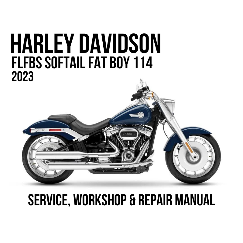 Harley-Davidson FLFBS Softail Fat Boy 114 2023 service, workshop, and repair manual cover featuring a side profile of a navy blue and black motorcycle on a white background.