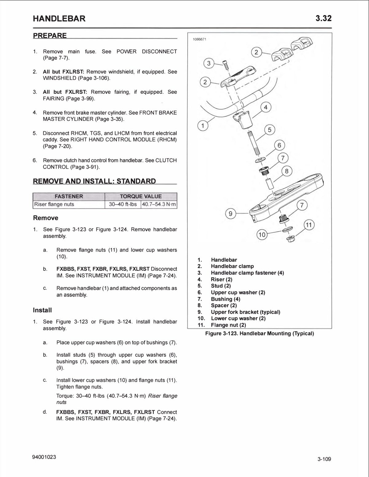 A black-and-white technical service manual page for a handlebar, showing preparation steps, installation instructions, a wiring diagram, and a fastener/torque reference table.