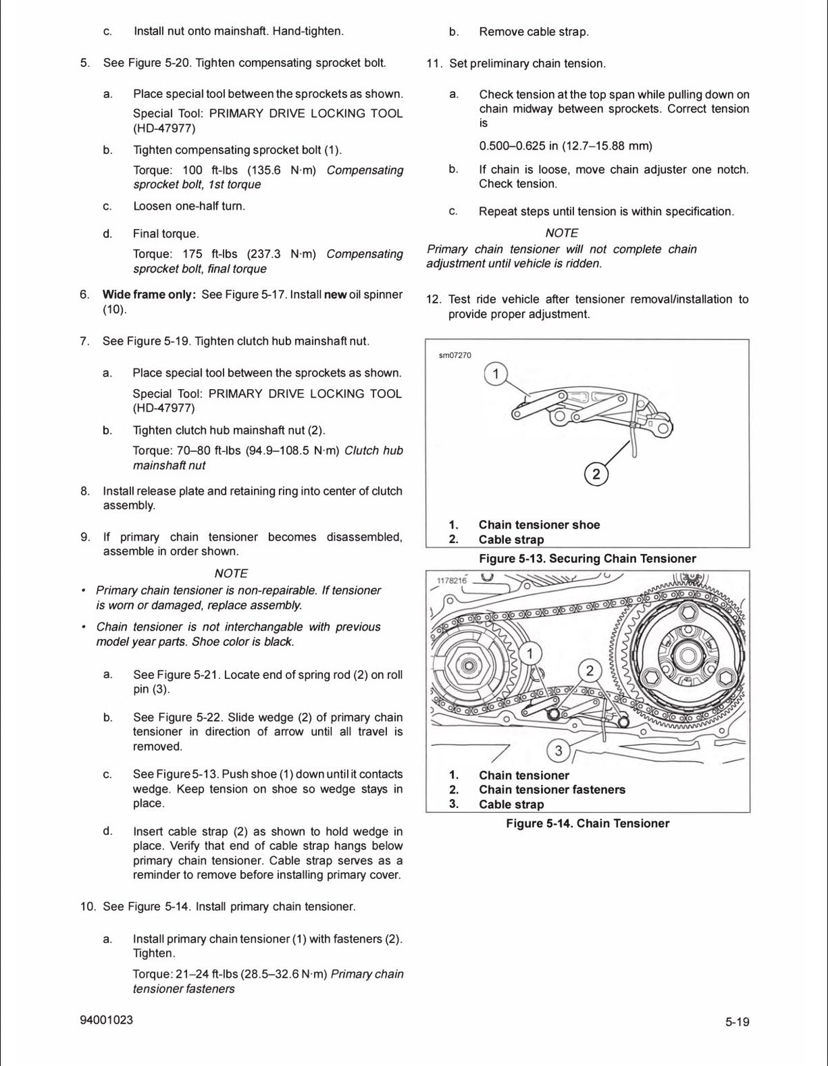A technical service manual page showing step-by-step installation and adjustment instructions for a chain tensioner, with numbered steps, cross-section diagrams, and small reference figures on a white background.