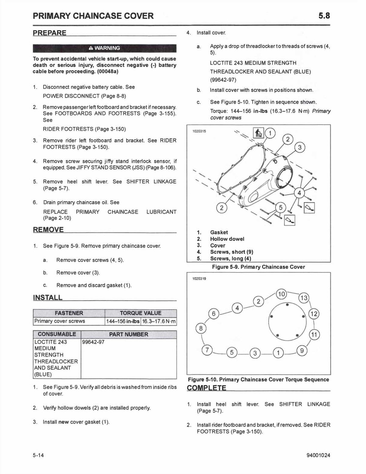 Harley-Davidson touring service manual primary chaincase cover removal and installation procedures with screw torque specifications, threadlocker application and component assembly diagrams