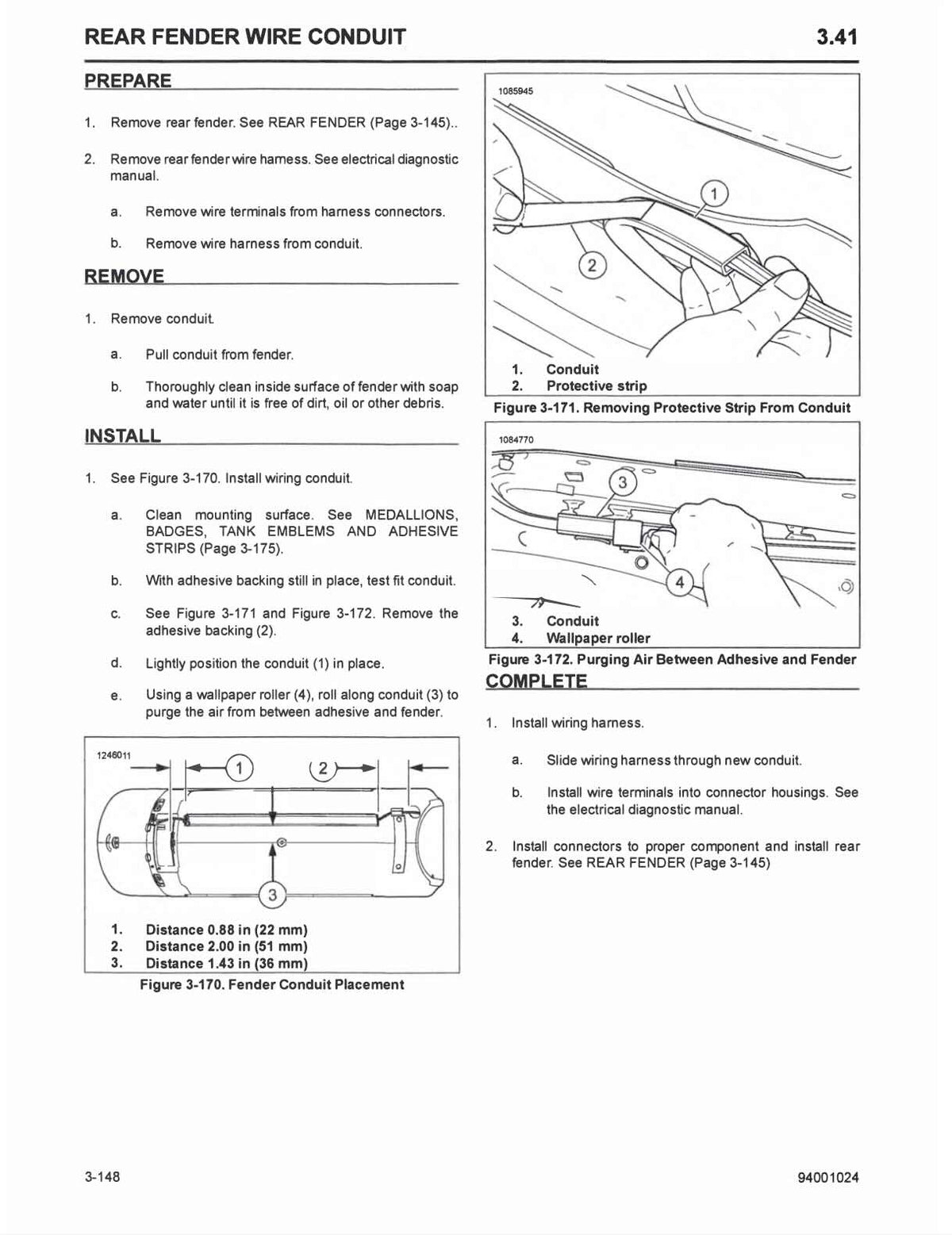 Harley-Davidson touring service manual rear fender wire conduit removal and installation with protective strip removal, conduit positioning dimensions and air purging procedures using wallpaper roller