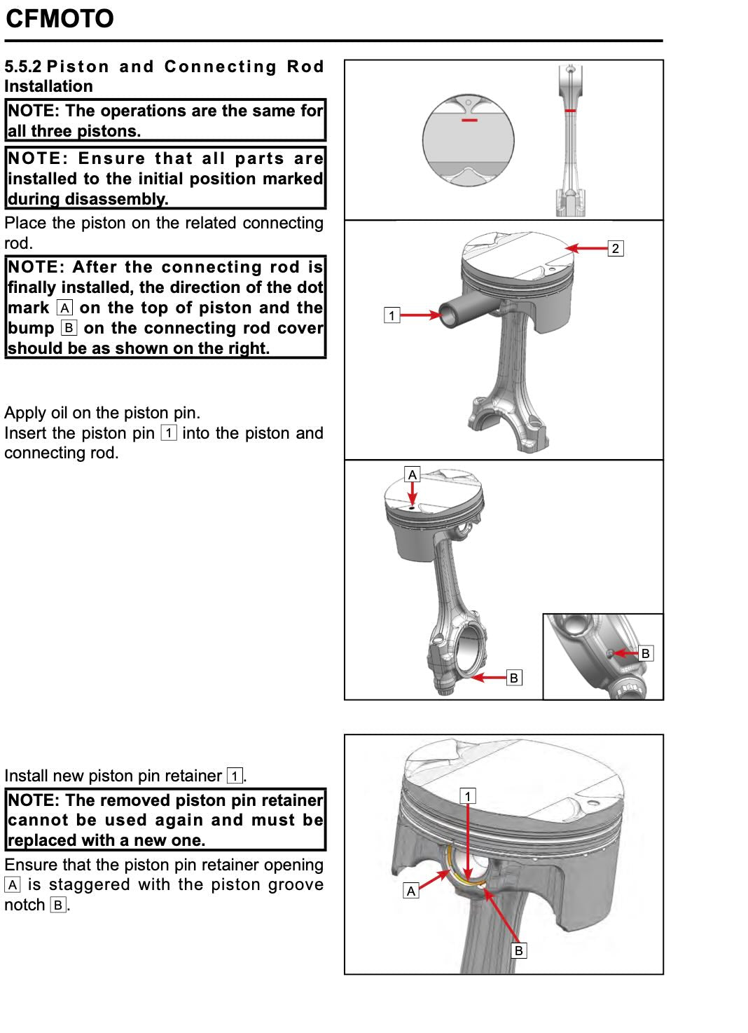 CFMOTO 675SS service manual page with piston and connecting rod installation diagrams showing pin retainer orientation