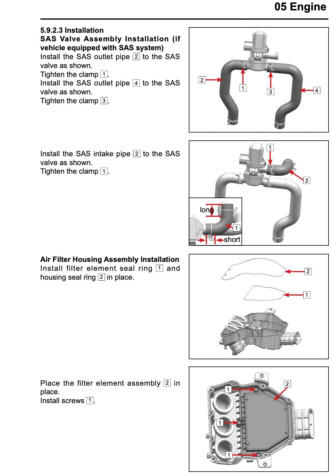 CFMOTO 675SS service manual page with SAS valve pipe clamps and air filter housing seal ring installation diagrams
