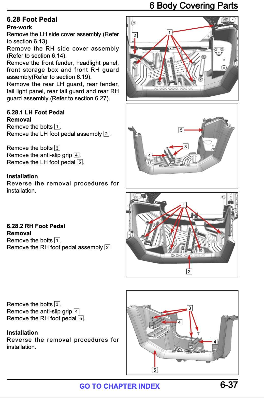 CFMOTO CFORCE service manual page 6-37 with LH and RH foot pedal removal diagrams showing bolt and grip locations