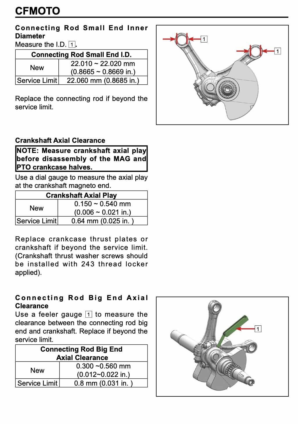 A technical service manual page for a CFMOTO crankcase, showing measurement instructions and diagrams for the connecting rod small end inner diameter, crankshaft axial play, and connecting rod big end axial clearance with tables of limits.
