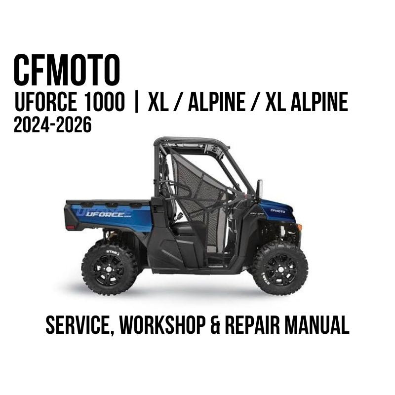 2024-2026 CFMOTO UFORCE 1000 service, workshop, and repair manual cover graphic showing a red and black CFMOTO all-terrain vehicle on a white background with text.