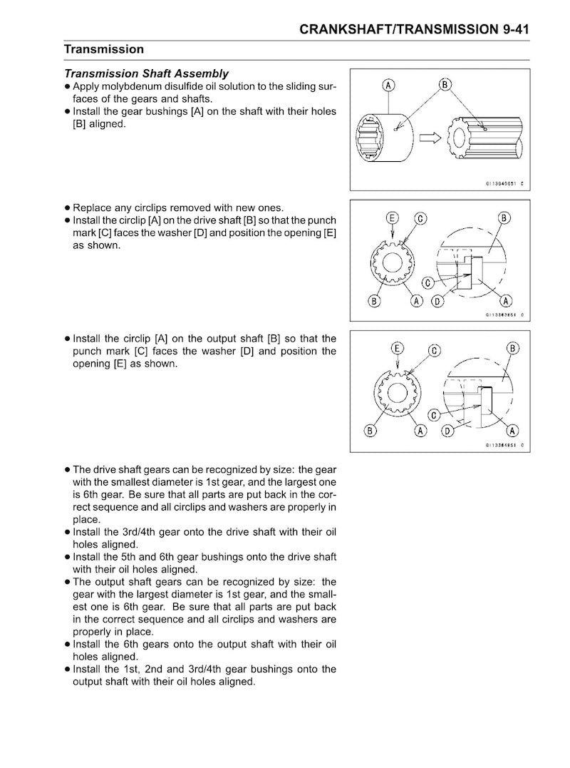Instruction sheet for crankshaft/transmission shaft assembly, with text instructions and labeled assembly diagrams on a white page.